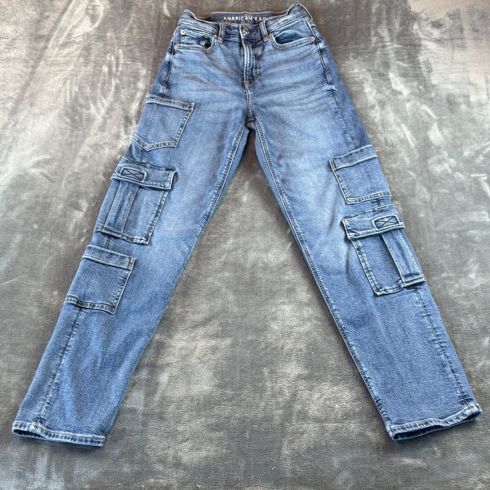 American Eagle Super High-Rise Baggy Straight Cargo‎ Jeans Blue Womens 000 R
